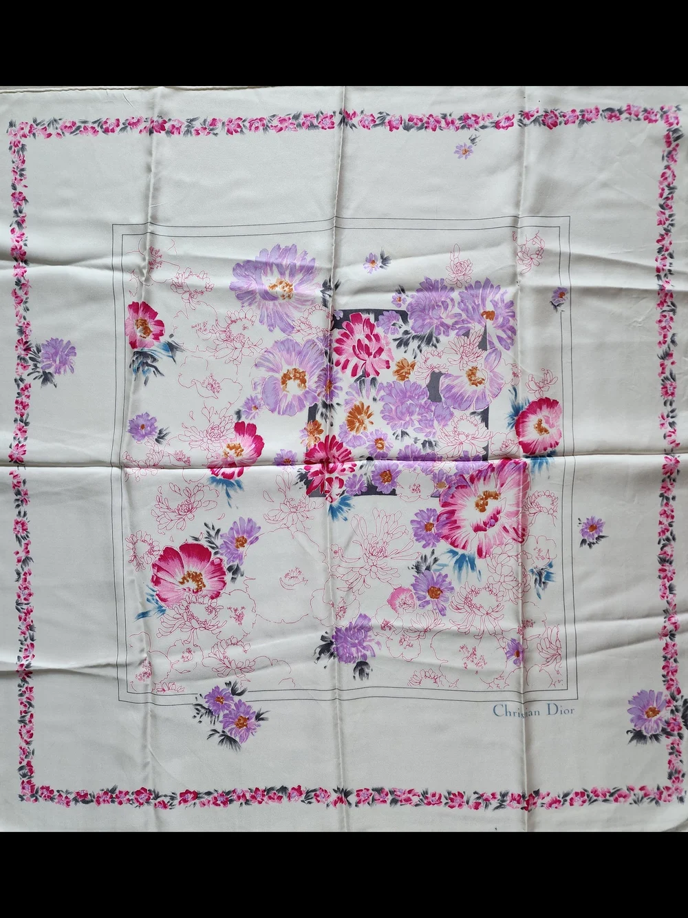 Auth Dior Floral Pink & Purple Blooms Silk Scarf